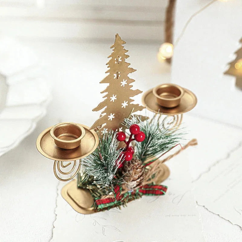 Castiçal de Ferro Dourado com Decoração de Papai Noel e Rena para Natal
