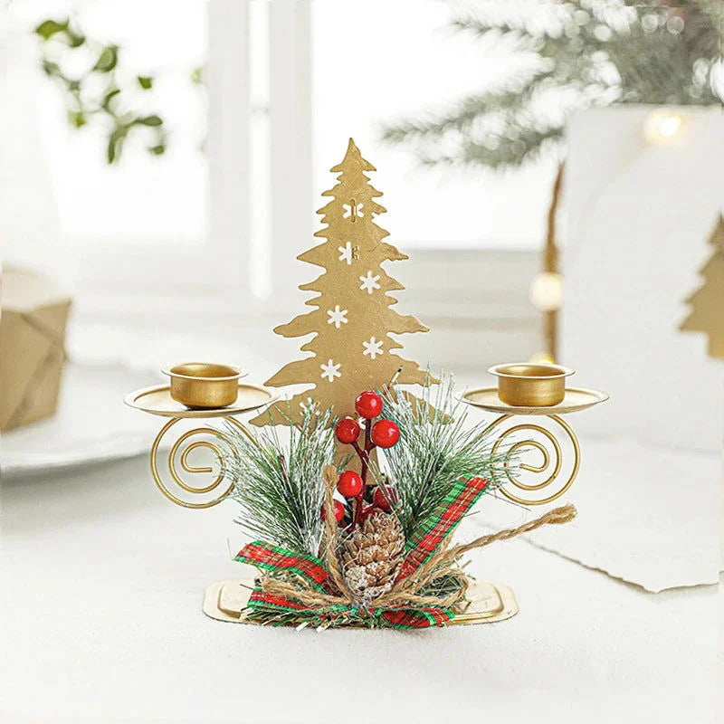 Castiçal de Ferro Dourado com Decoração de Papai Noel e Rena para Natal