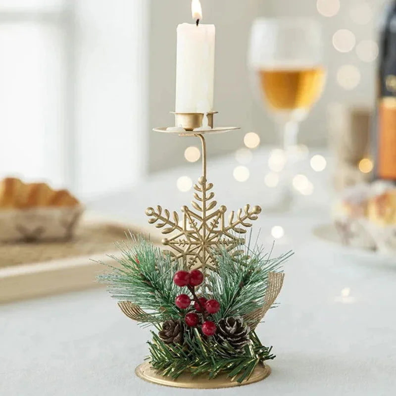 Castiçal de Ferro Dourado com Decoração de Papai Noel e Rena para Natal