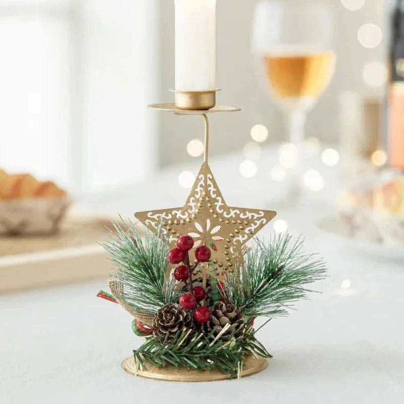 Castiçal de Ferro Dourado com Decoração de Papai Noel e Rena para Natal