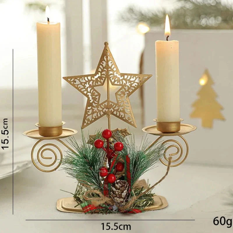 Castiçal de Ferro Dourado com Decoração de Papai Noel e Rena para Natal