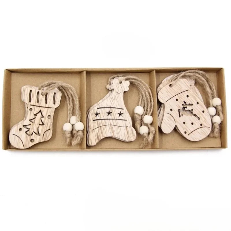 Conjunto de 12 Pingentes Rústicos de Madeira para Árvore de Natal