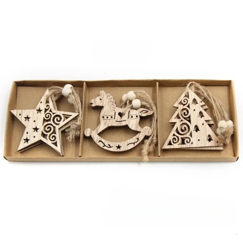 Conjunto de 12 Pingentes Rústicos de Madeira para Árvore de Natal