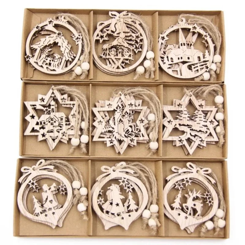 Conjunto de 12 Pingentes Rústicos de Madeira para Árvore de Natal