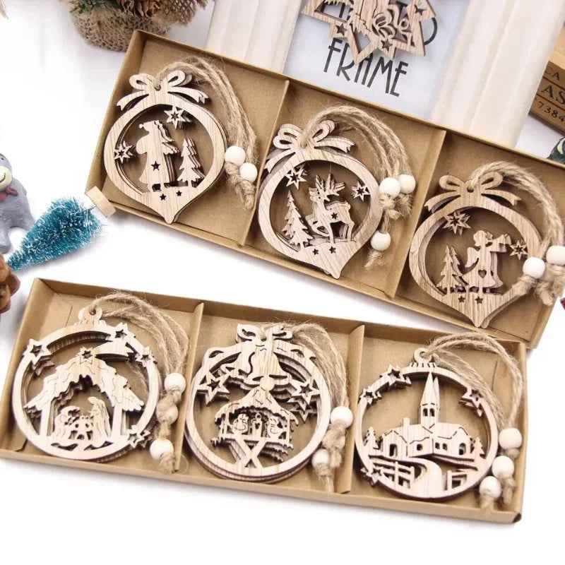 Conjunto de 12 Pingentes Rústicos de Madeira para Árvore de Natal