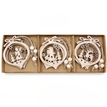 Conjunto de 12 Pingentes Rústicos de Madeira para Árvore de Natal