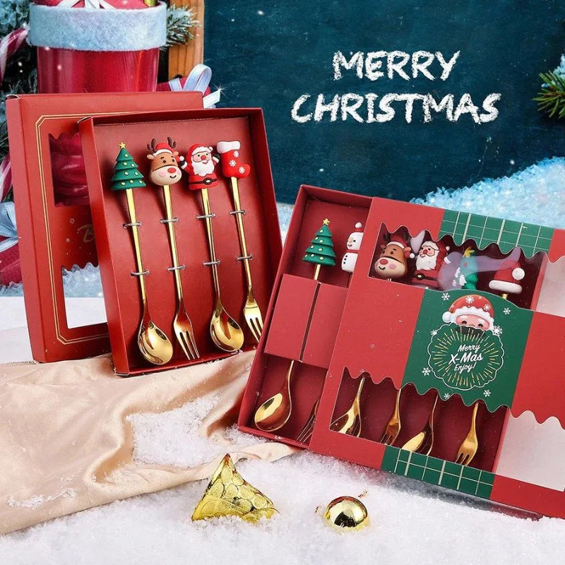 Conjunto de Talheres de Aço Inox Decorativos para Mesa de Natal - 4 Peças
