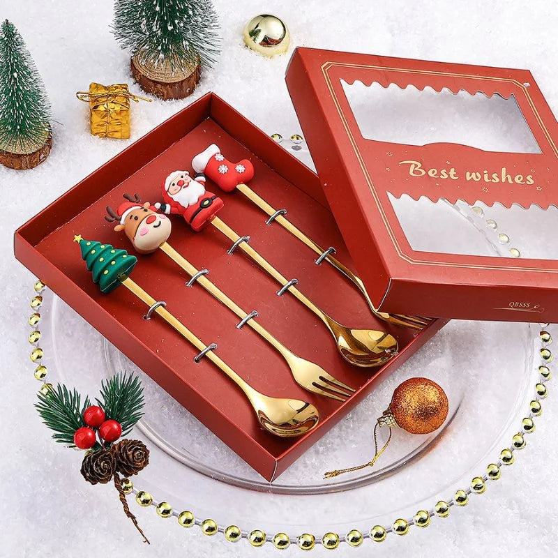 Conjunto de Talheres de Aço Inox Decorativos para Mesa de Natal - 4 Peças