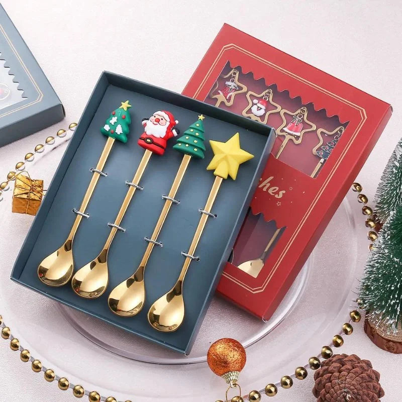 Conjunto de Talheres de Aço Inox Decorativos para Mesa de Natal - 4 Peças