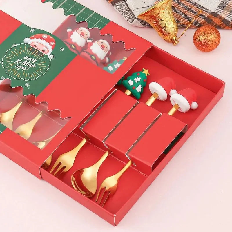 Conjunto de Talheres de Aço Inox Decorativos para Mesa de Natal - 4 Peças