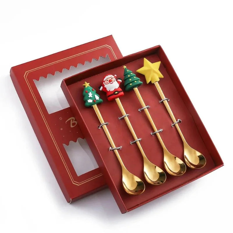 Conjunto de Talheres de Aço Inox Decorativos para Mesa de Natal - 4 Peças