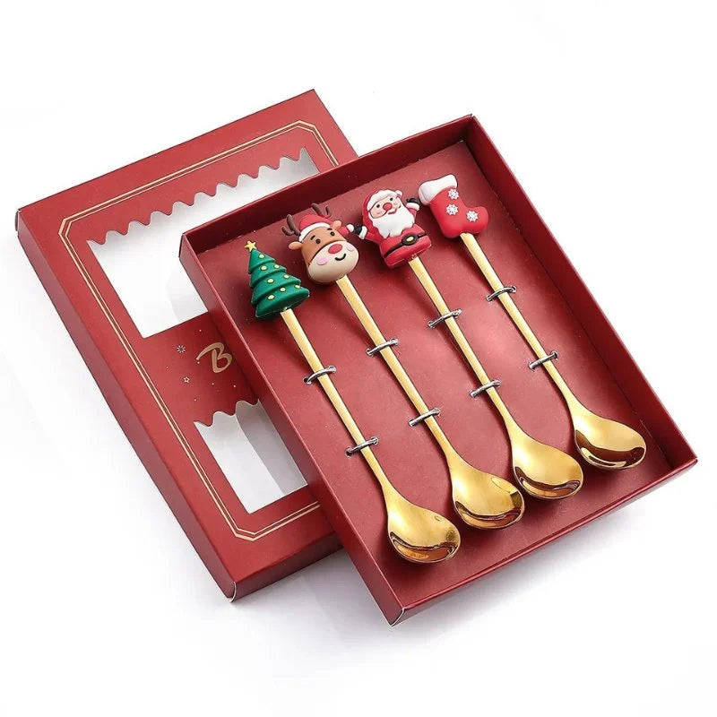 Conjunto de Talheres de Aço Inox Decorativos para Mesa de Natal - 4 Peças