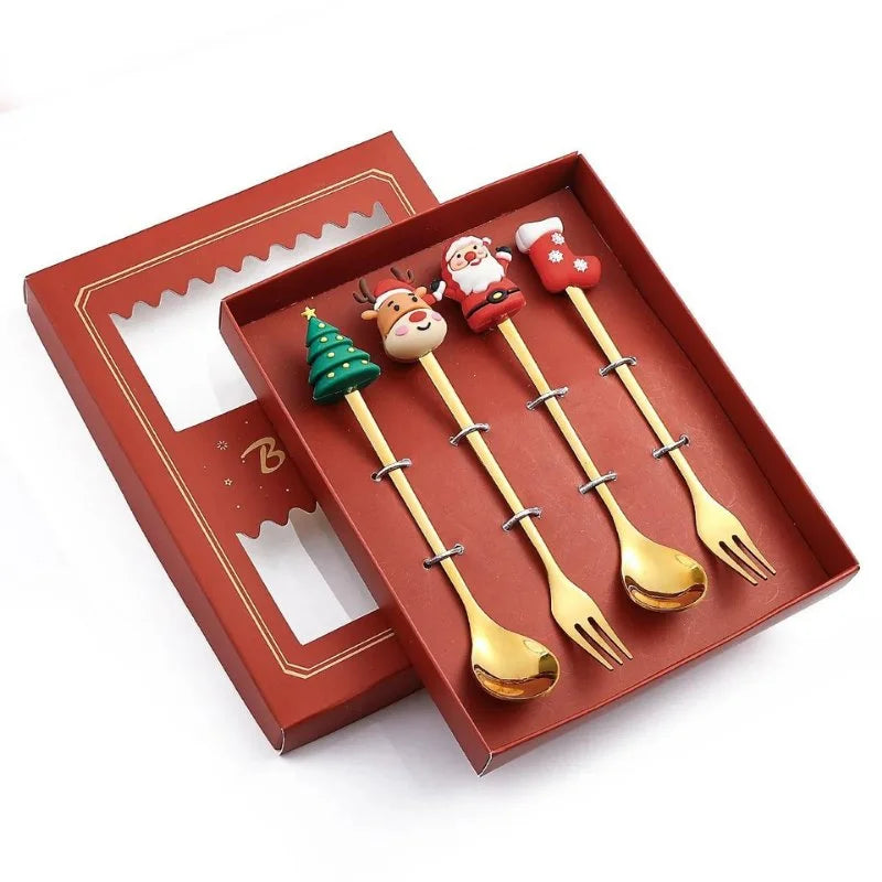 Conjunto de Talheres de Aço Inox Decorativos para Mesa de Natal - 4 Peças