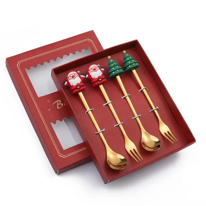 Conjunto de Talheres de Aço Inox Decorativos para Mesa de Natal - 4 Peças