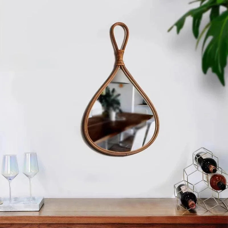 Espelho Oval de Rattan Natural Artesanal para Decoração de Interiores