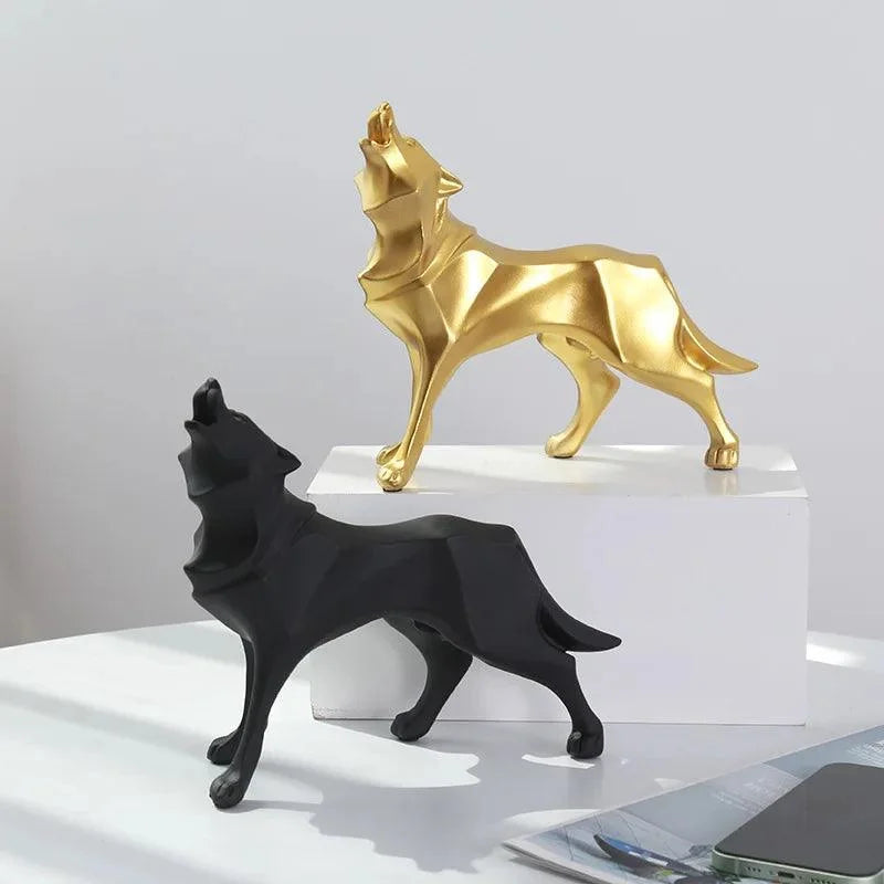 Estátua de Lobo Geométrico em Resina no Estilo Nórdico
