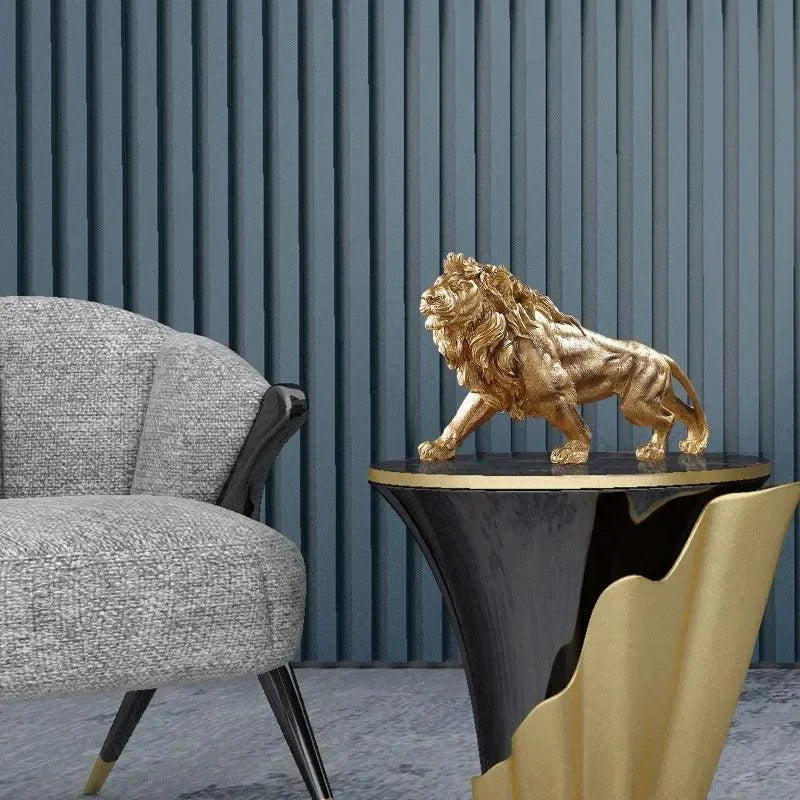 Estátua Decorativa de Leão Dourado em Resina para Ambientes