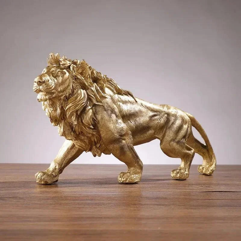 Estátua Decorativa de Leão Dourado em Resina para Ambientes