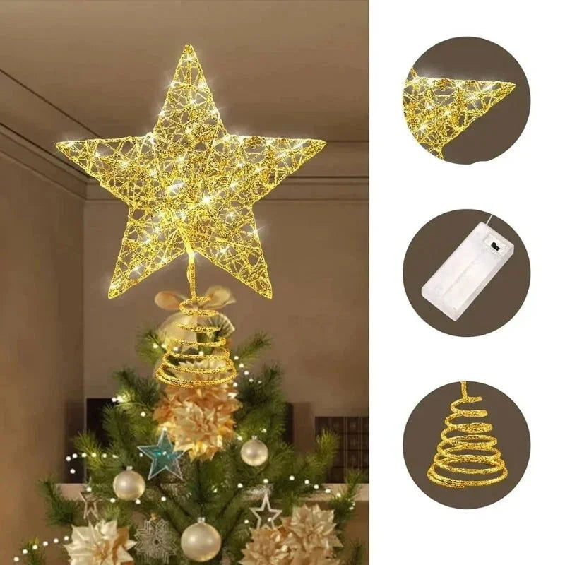 Estrela LED para Topo de Árvore de Natal com Fio de Cobre - Decoração Festiva Brilhante