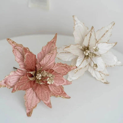 Flor Decorativa Natalina Flanela Dourada para Arranjos e Árvore de Natal