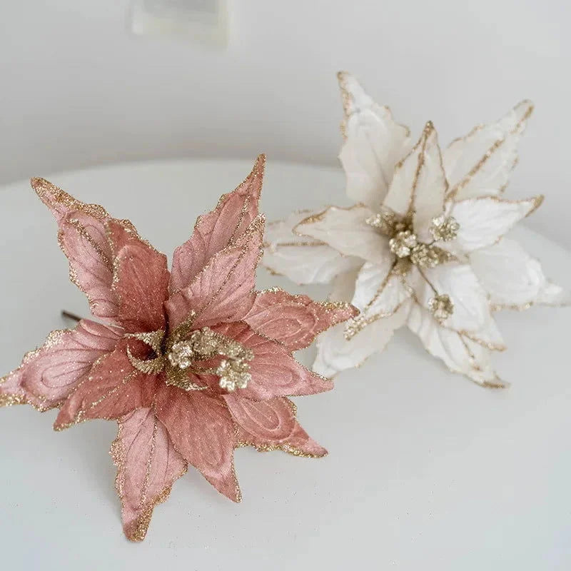 Flor Decorativa Natalina Flanela Dourada para Arranjos e Árvore de Natal