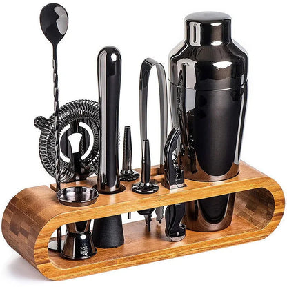 Kit Bartender 10 Peças Aço Inox com Suporte de Bambu - Acessórios de Coquetel Completo