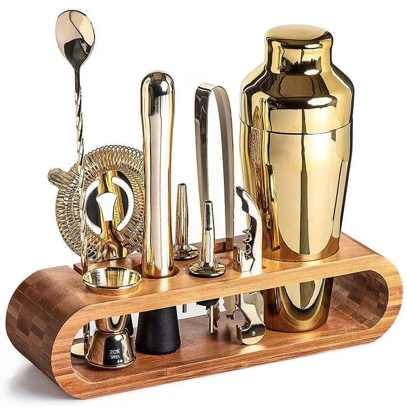Kit Bartender 10 Peças Aço Inox com Suporte de Bambu - Acessórios de Coquetel Completo