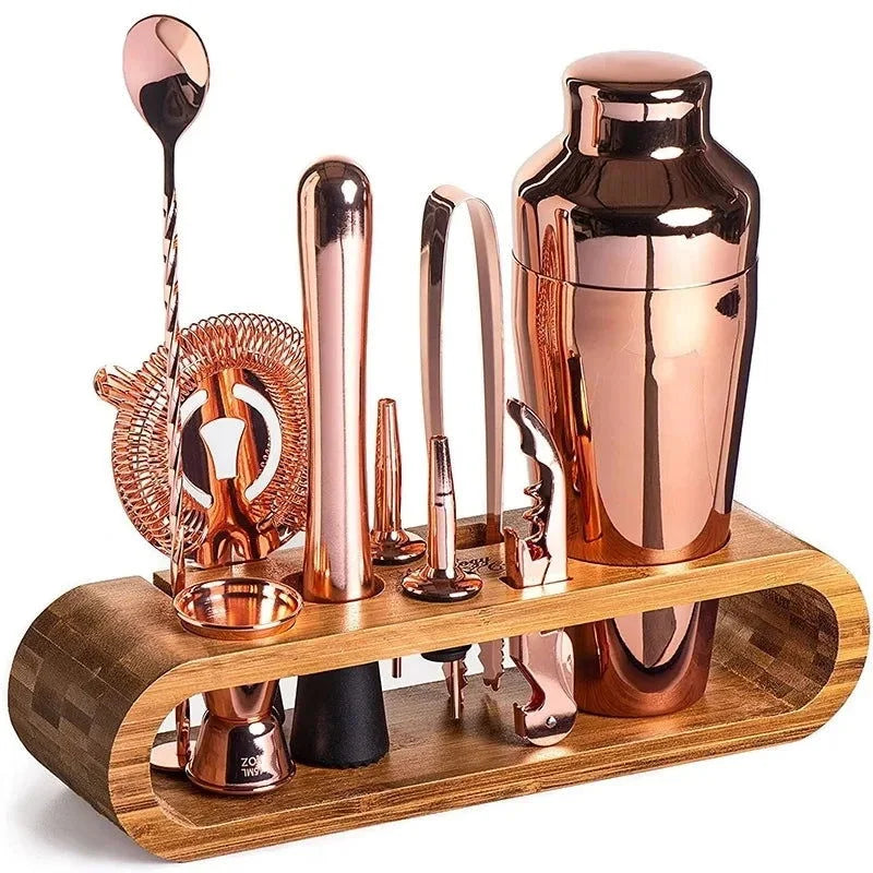 Kit Bartender 10 Peças Aço Inox com Suporte de Bambu - Acessórios de Coquetel Completo