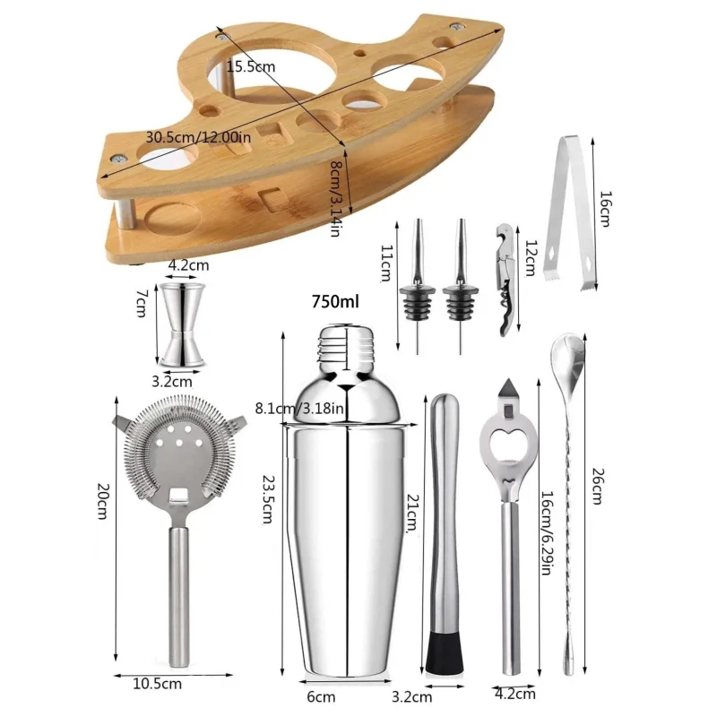 Kit de Bartender em Aço Inoxidável com Shaker e Ferramentas de Coquetel