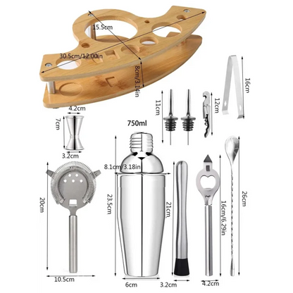 Kit de Bartender em Aço Inoxidável com Shaker e Ferramentas de Coquetel