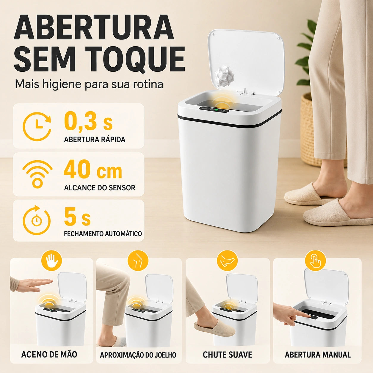 Lixeira Automática com Sensor 16 Litros Recarregável USB