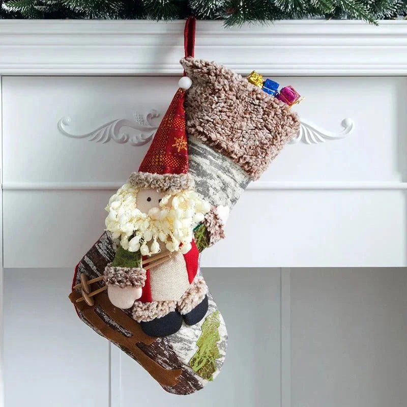 Meia Natalina Decorativa de Cânhamo e Flanela para Lareira - 48cm