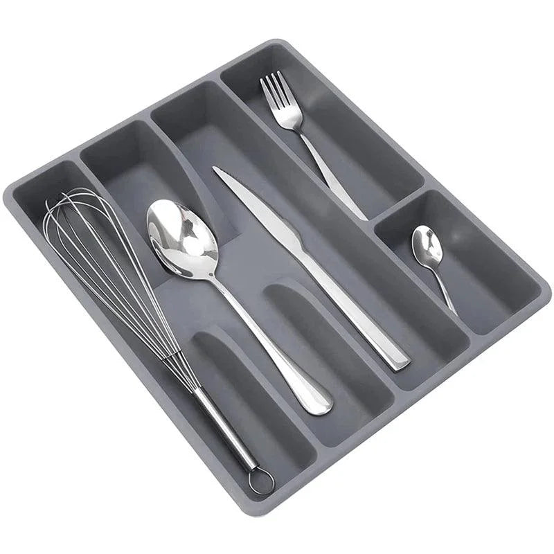 Organizador de Talheres Cinza com 5 Divisórias para Gavetas de Cozinha