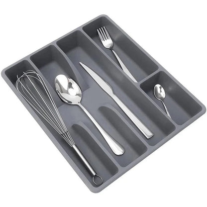 Organizador de Talheres Cinza com 5 Divisórias para Gavetas de Cozinha