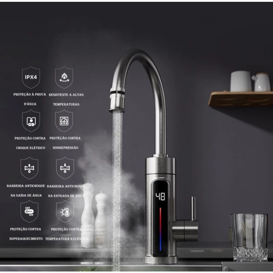 Torneira Com Aquecedor Para Cozinha Banheiro Com Visor de Temperatura Regulagem e Giratória 360° Aço Inoxidável