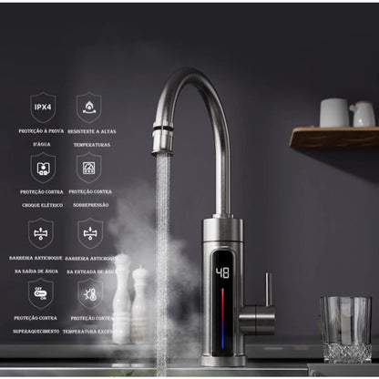 Torneira Com Aquecedor Para Cozinha Banheiro Com Visor de Temperatura Regulagem e Giratória 360° Aço Inoxidável