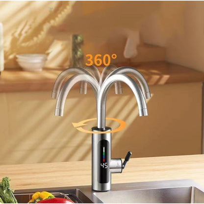 Torneira Com Aquecedor Para Cozinha Banheiro Com Visor de Temperatura Regulagem e Giratória 360° Aço Inoxidável