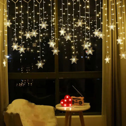 Varal de Luzes LED Flocos de Neve com 8 Modos de Iluminação Decorativa